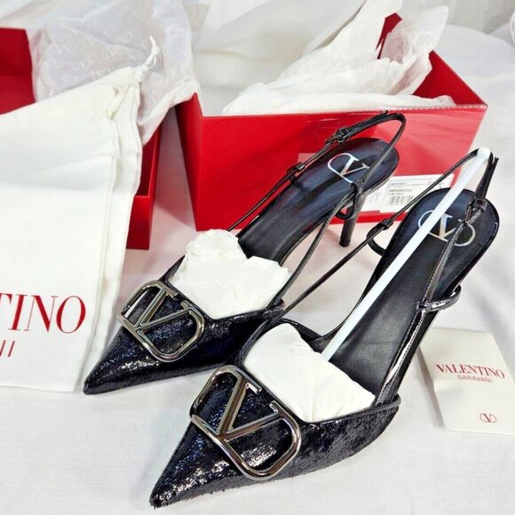 Valentino Garavani Women's V Logo Pointed Toe Slingback Pumps 11 US 41 EU NEW - Picture 1 of 9